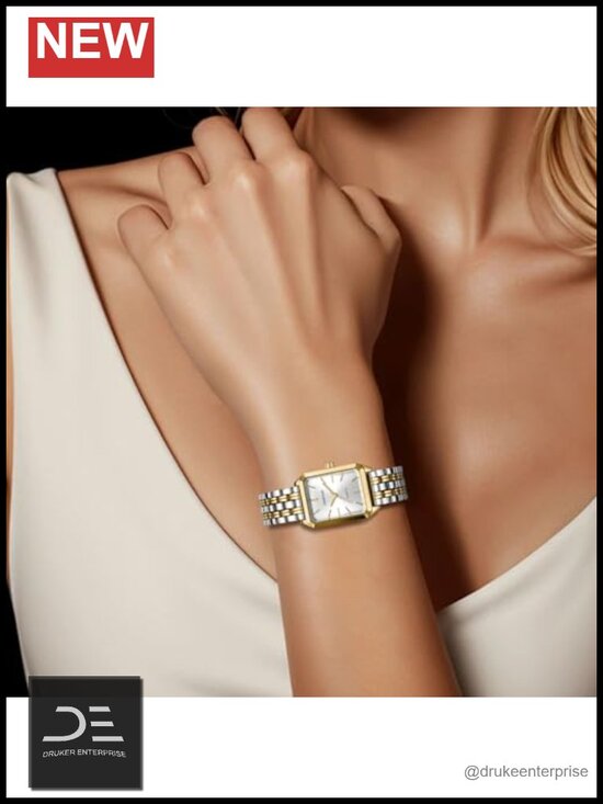 Women\'s Gold-Tone Rectangular Wrist Watch with Stainless Steel Band, Japanese